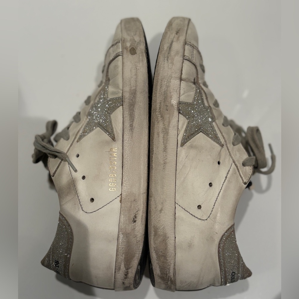 Golden Goose Distressed White and Silver Sneakers
